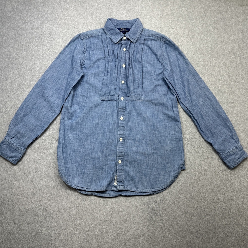 Polo Ralph Lauren Top Small Blue Chambray Pleated Button Up Long Sleeve Western